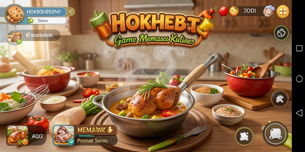 Antarmuka HOKIHEBAT menampilkan suasana dapur yang ceria dan penuh warna.