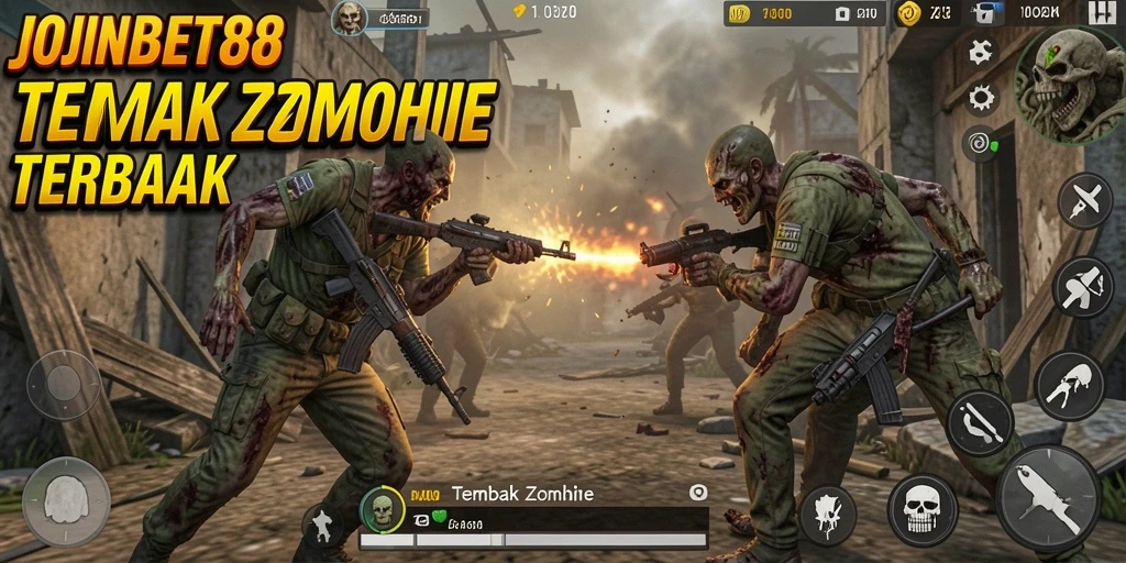 Tampilan antarmuka menyajikan aksi tembak menembak melawan zombie.